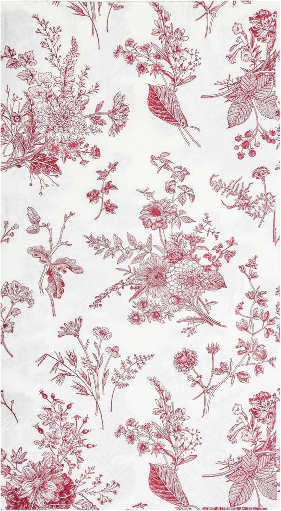 Red floral pattern with various flowers and leaves on a white background.