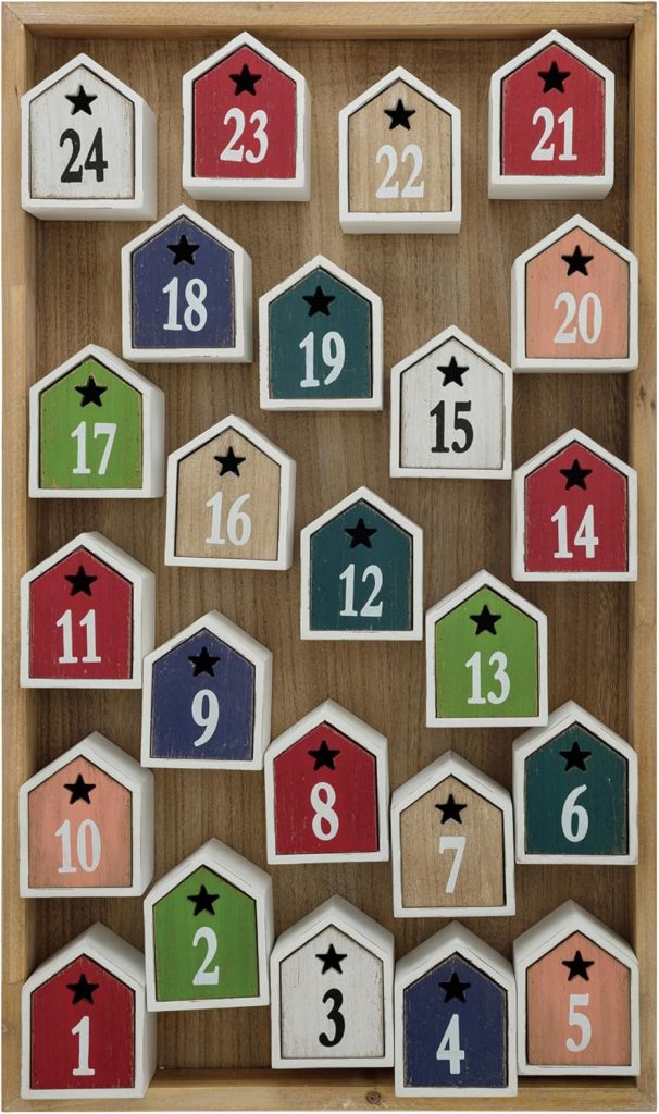 A wooden Advent calendar with 24 numbered house-shaped blocks in various colors, arranged in a rectangular frame—perfect for adding cheer or to display Christmas cards alongside your holiday décor.