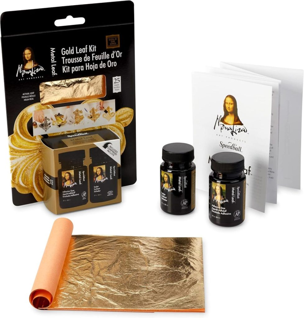 Mona Lisa Gold Leaf Kit with gold leaf sheets, two bottles, and an instruction booklet displayed on a white background—perfect for creative projects during the season of giving.
