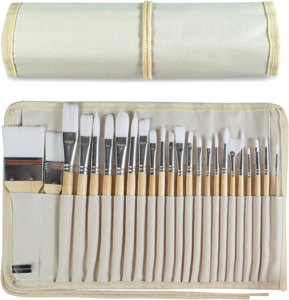 A beige canvas roll-up case holds 20 assorted paintbrushes with wooden handles, arranged in individual slots, making it a thoughtful gift for the season of giving, with the case partially rolled at the top.
