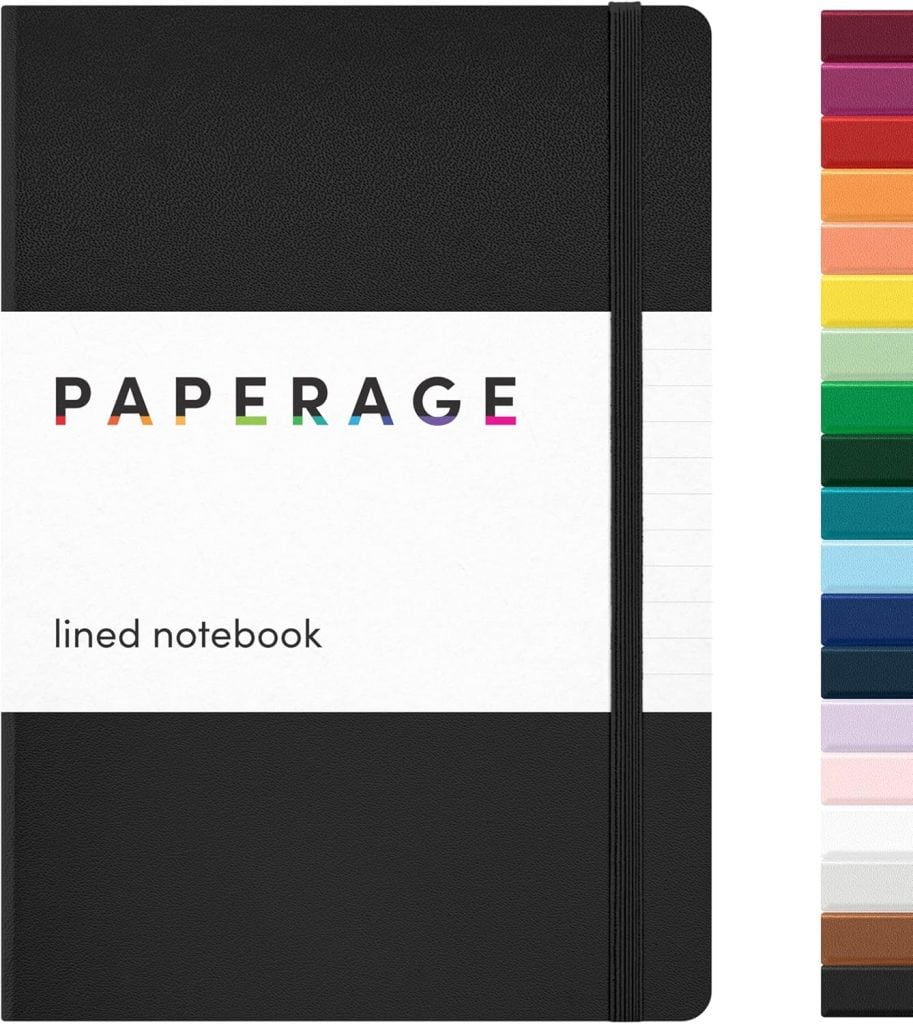 Black Paperage lined notebook with a colorful band.