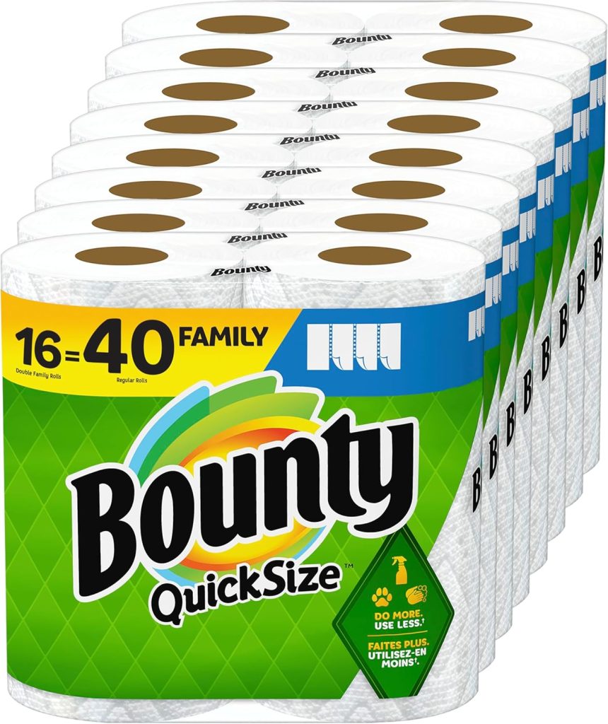 A stack of Bounty Quick Size paper towel packs, labeled 16 rolls equal to 40 regular rolls, arranged in three rows.