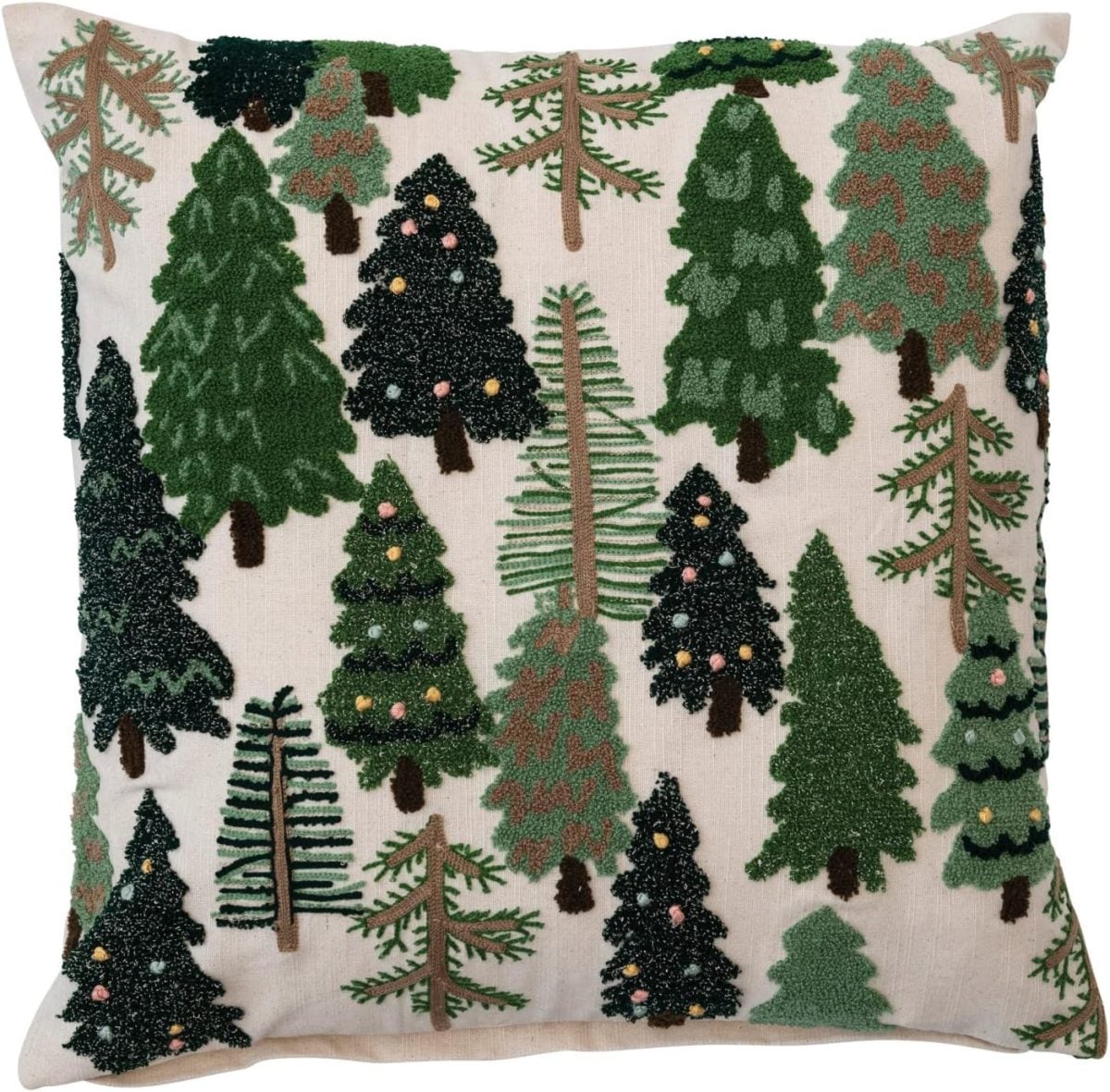 Square decorative Christmas pillow with a white background featuring embroidered green trees of various shapes and sizes.