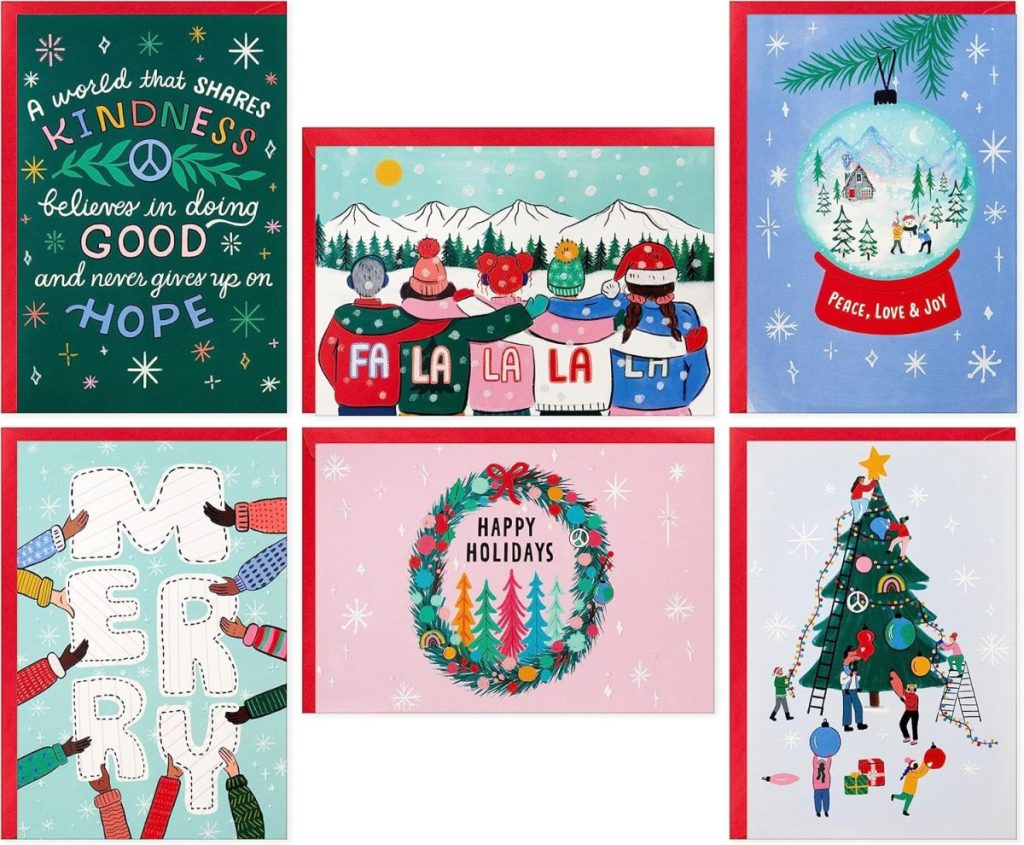 Six festive holiday cards featuring cheerful designs and messages such as "Merry," "Peace, Love & Joy," and "Happy Holidays" with winter and Christmas-themed illustrations.