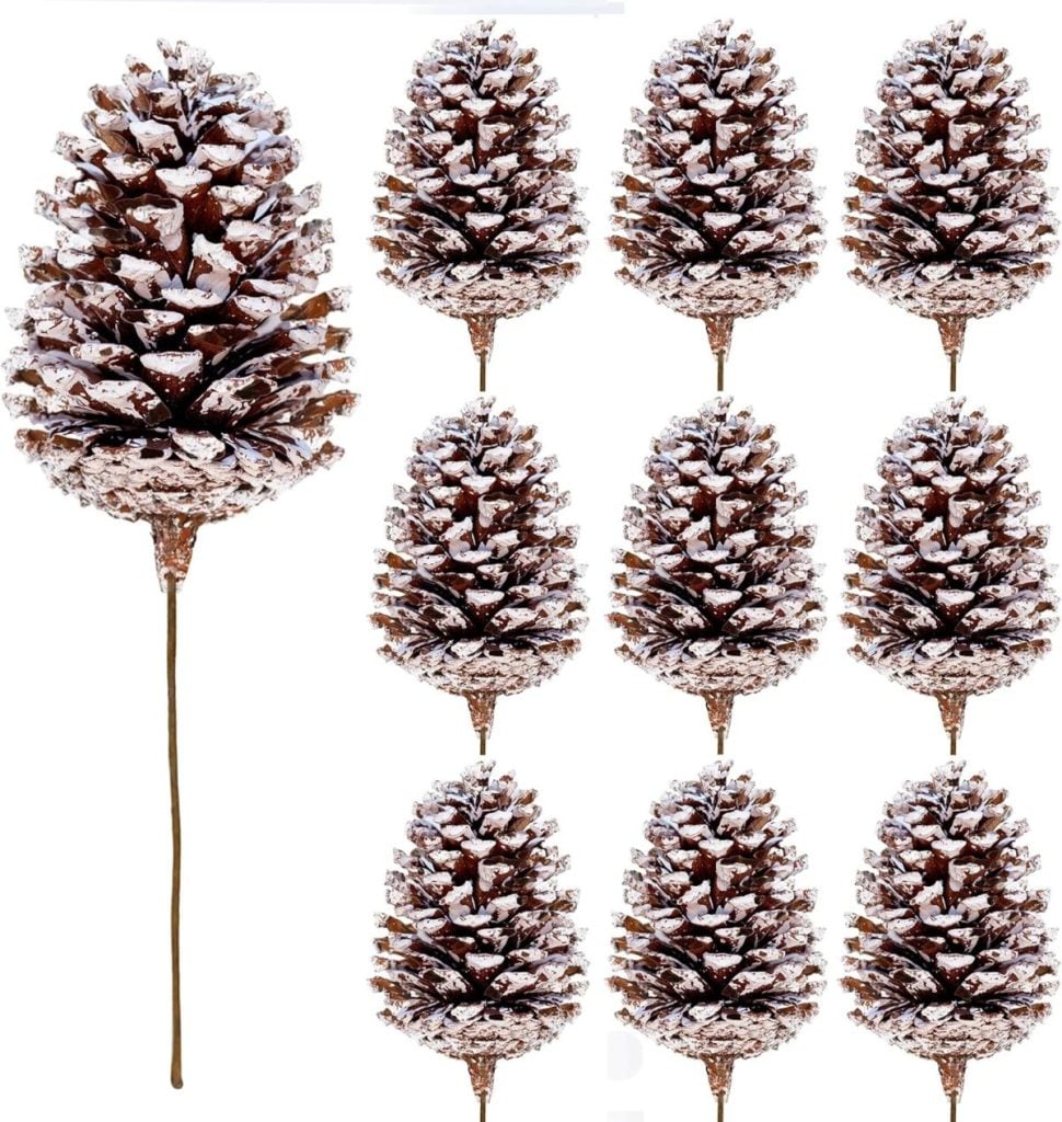 Nine snow-dusted pine cones on sticks, arranged in a grid pattern against a white background.