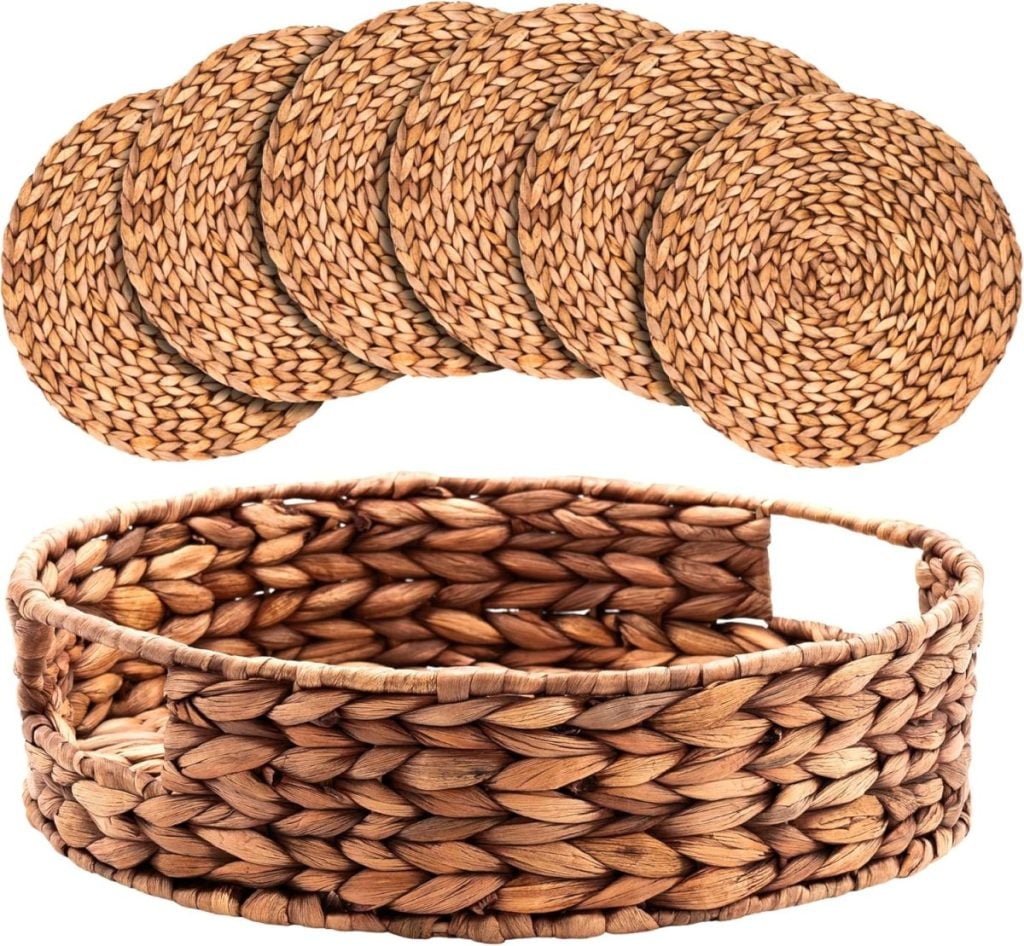 Woven basket with a handle, perfect for serving Christmas morning breakfast, accompanied by six circular woven placemats.