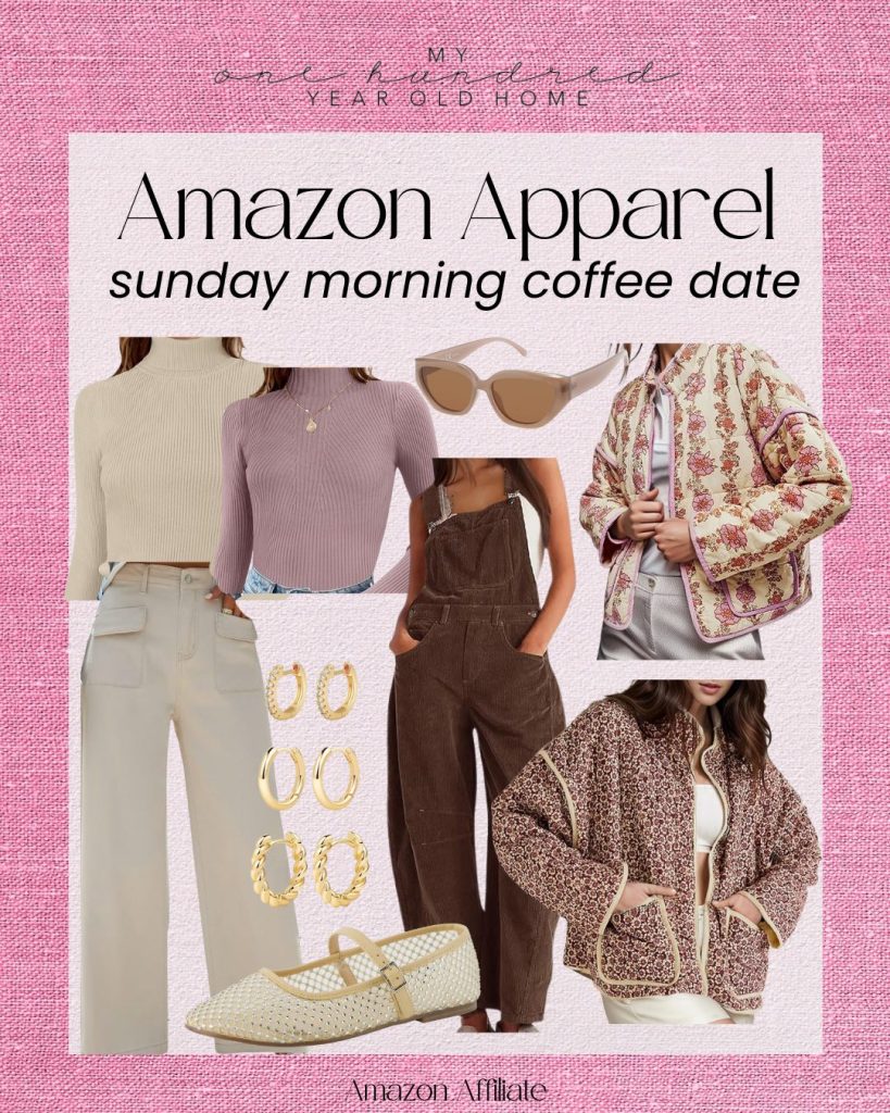 A collage of clothing and accessories for a Sunday morning coffee date, including sweaters, overalls, a patterned jacket, earrings, sunglasses, and shoes.