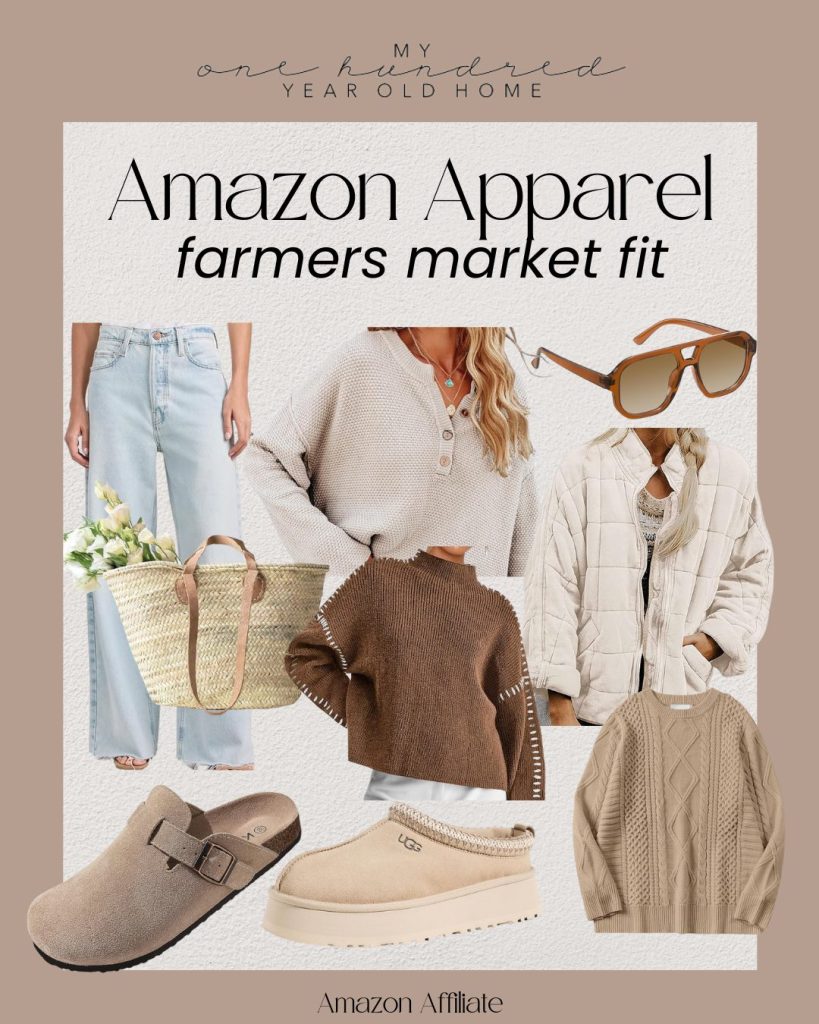 Collage of a farmers market outfit, includes sweaters, a quilted jacket, jeans, sunglasses, a woven bag, clogs, and platform sandals labeled as Amazon apparel.