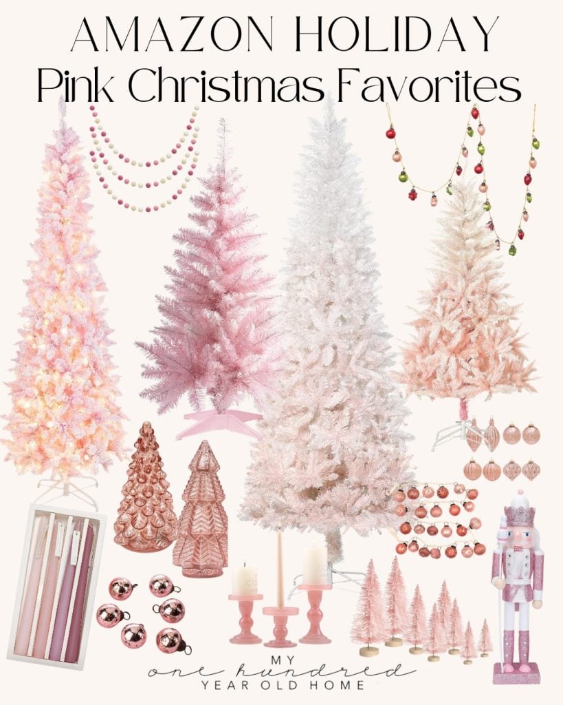 Collage of pink and white Christmas decorations, including trees, ornaments, and a nutcracker.