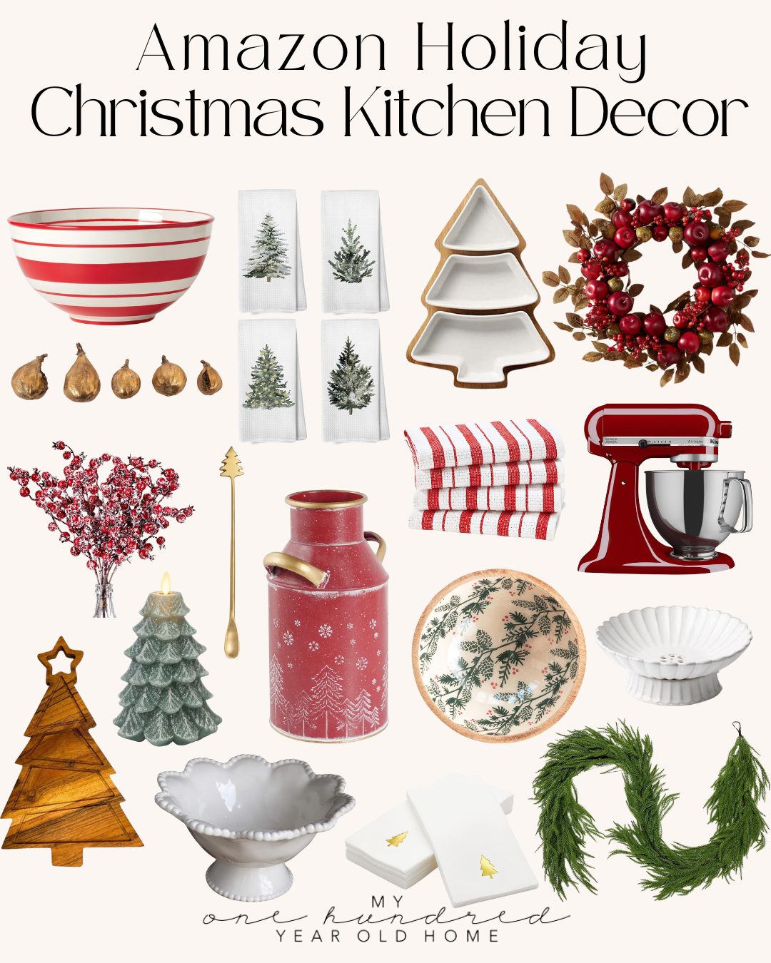 A collection of Christmas kitchen decor items, including striped bowls, tree plates, red mixer, wreaths, and festive linens, arranged in a collage.