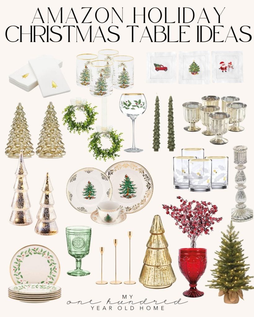 A collage of holiday-themed tableware and decorations, including plates, glasses, napkins, candles, and ornaments with Christmas motifs.