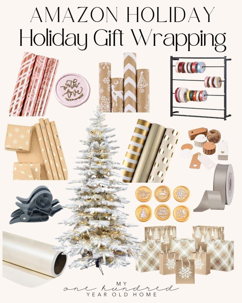 A holiday gift wrapping collage featuring a white Christmas tree, rolls of wrapping paper, ribbons on a rack, tape, decorative stamps, and DIY Christmas gift bags.