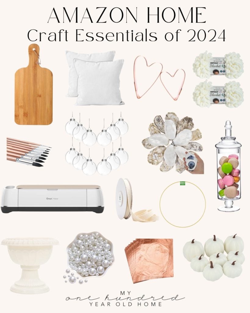 A collage of craft essentials including a wooden board, paint brushes, cutting machine, ornaments, ribbons, faux pumpkins, glass jar, and various decorative items labeled "Amazon Home Craft Essentials of 2024.