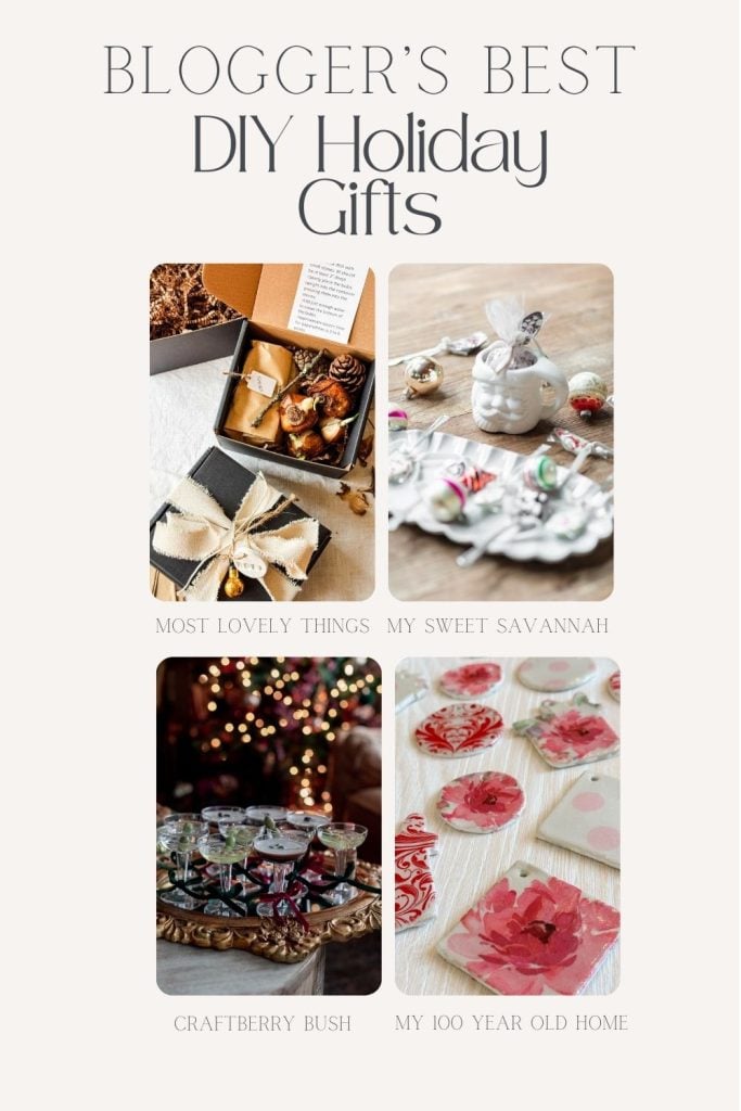 Collage of DIY holiday gifts featuring decorated cookies, a mug with tea, wine glasses, and floral coasters. Each image bears the name of a blog.