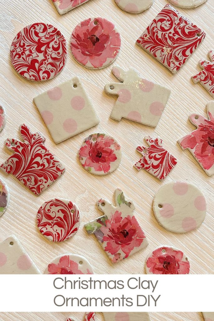 Assorted clay ornaments with floral and swirl patterns on a wooden surface, labeled "Christmas Clay Ornaments DIY.