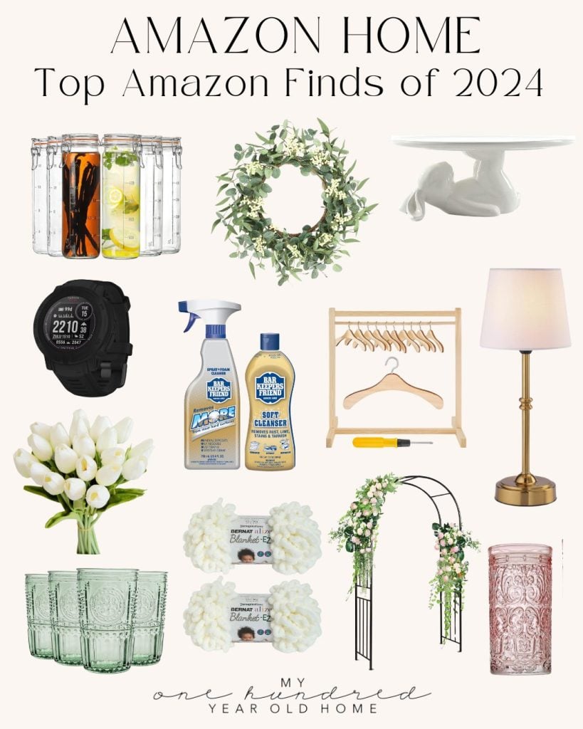 A collage of various home items including a drink dispenser, wreath, cake stand, watch, cleaning sprays, hangers, lamp, flowers, vase, garden arch, and a decorative column.