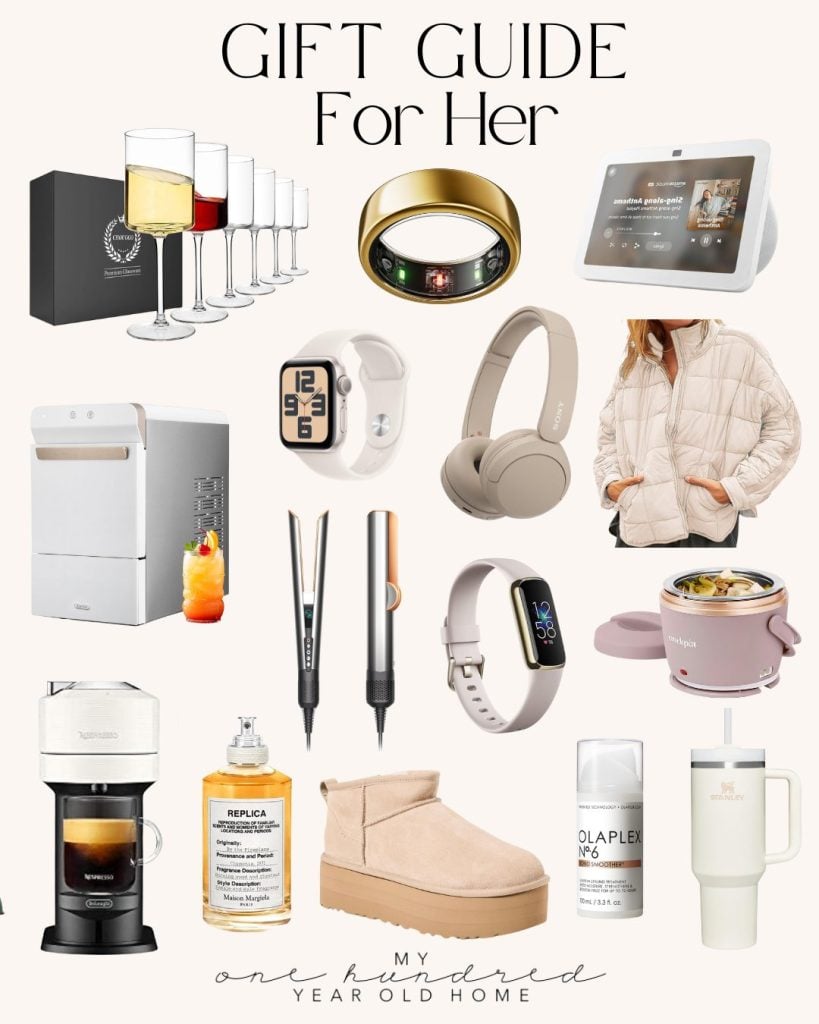 Gift guide collage showcasing items like headphones, a smart ring, an espresso machine perfect for Christmas morning breakfast, a puffer jacket, and various beauty products labeled "Gift Guide For Her.