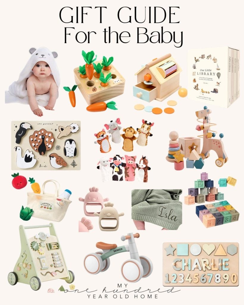 Gift guide for babies featuring toys, books, a personalized name plaque, a plush hooded towel, wooden blocks, and a mini bike. Assorted items arranged aesthetically.