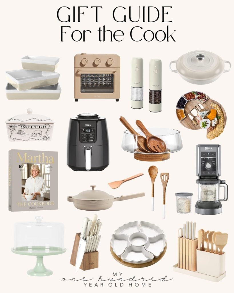 A gift guide for cooks featuring kitchen essentials: toaster oven, Dutch oven, spice grinder set, dishes, air fryer, and a cookbook. This collection also includes utensil sets, coffee makers, cake stands perfect for displaying decorated cookies, knife sets, and baking molds.