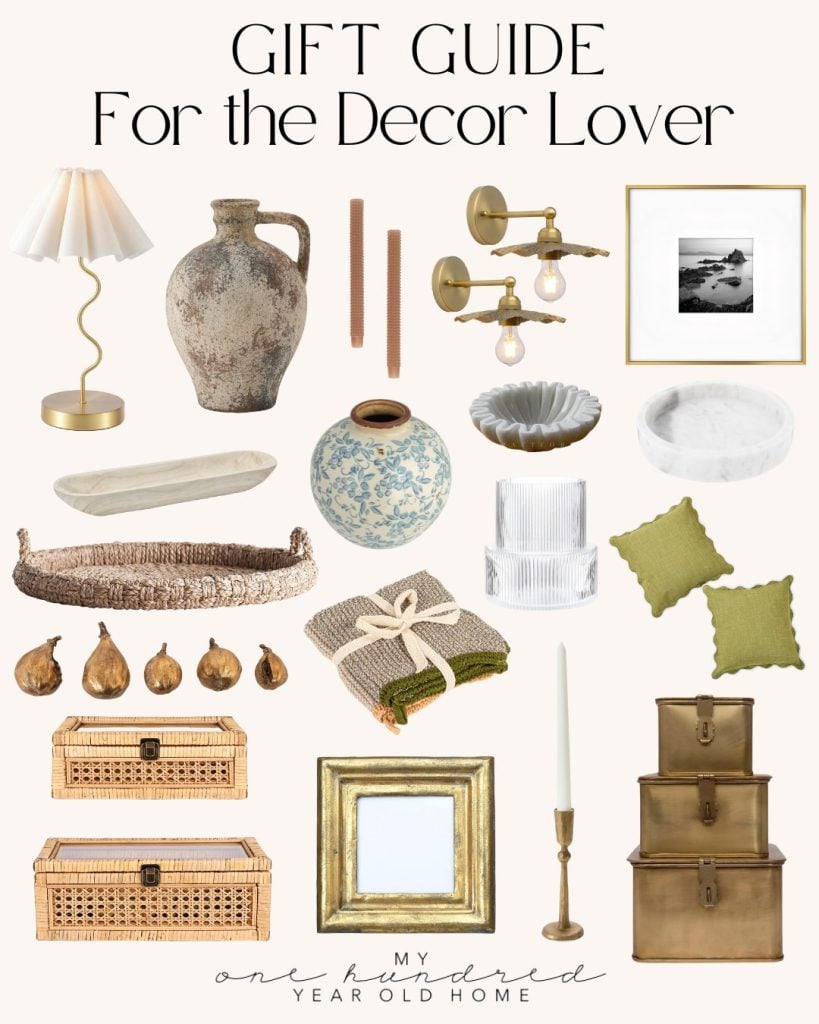 Gift guide collage featuring home decor items perfect for sprucing up your space after Christmas morning breakfast: lamps, vase, wall sconce, art print, bowls, baskets, pillows, candle holder, and frames. Text reads "Gift Guide For the Decor Lover.