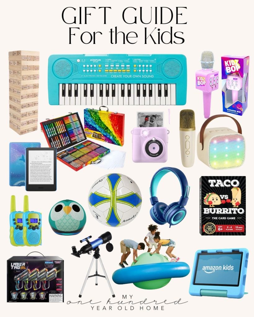 Gift guide for kids featuring a keyboard, microphone, e-reader, art supplies, camera, headphones, telescope, inflatable toy, toy lights, and more.