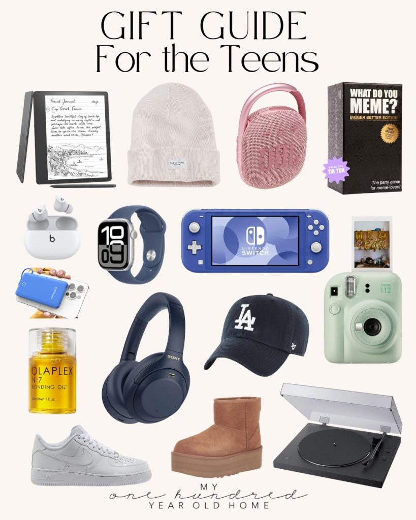 Gift guide for teens featuring a Kindle, JBL speaker, games, headphones, smartwatch, sneakers, Ugg boots, LA cap, Polaroid camera, Nintendo Switch, Olaplex oil, and a record player.