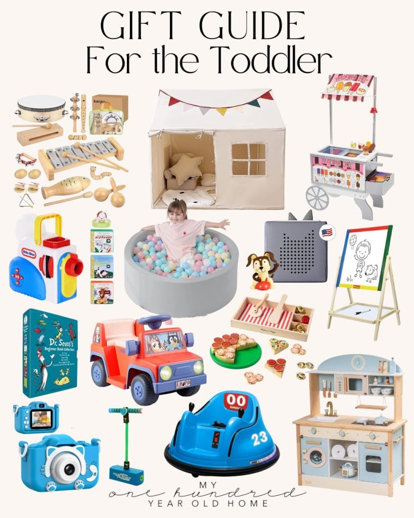 Gift guide featuring a variety of toddler toys, including a play kitchen, ball pit, drawing easel, toy car, camera, book, and more, displayed on a collage-style background.