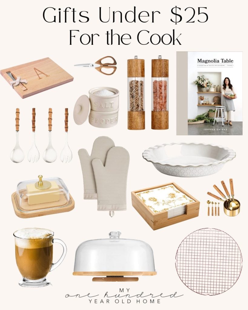 Collage of kitchen-themed gifts under $25 for the season of giving, including utensils, cookbooks, jars, mitts, and a latte in a glass mug.