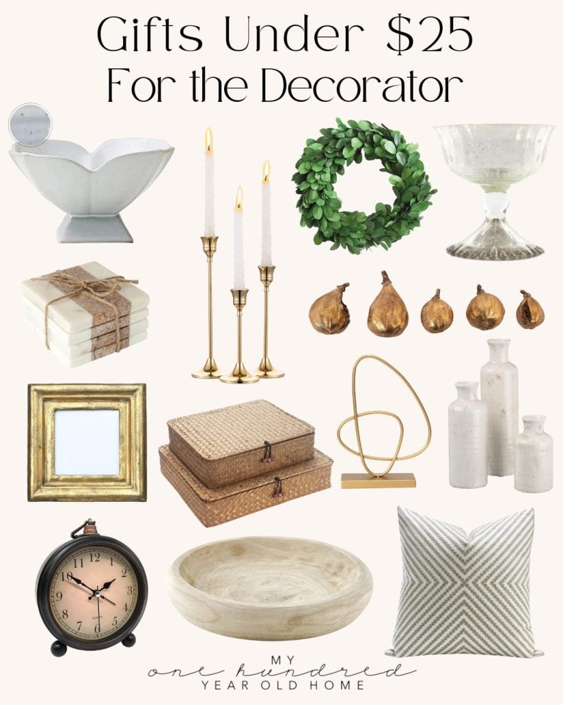 Collage of home decor items under $25, perfect for the season of giving, featuring a dish, candles, wreath, pears, glassware, books, baskets, clock, bowl, pillow, and vases.