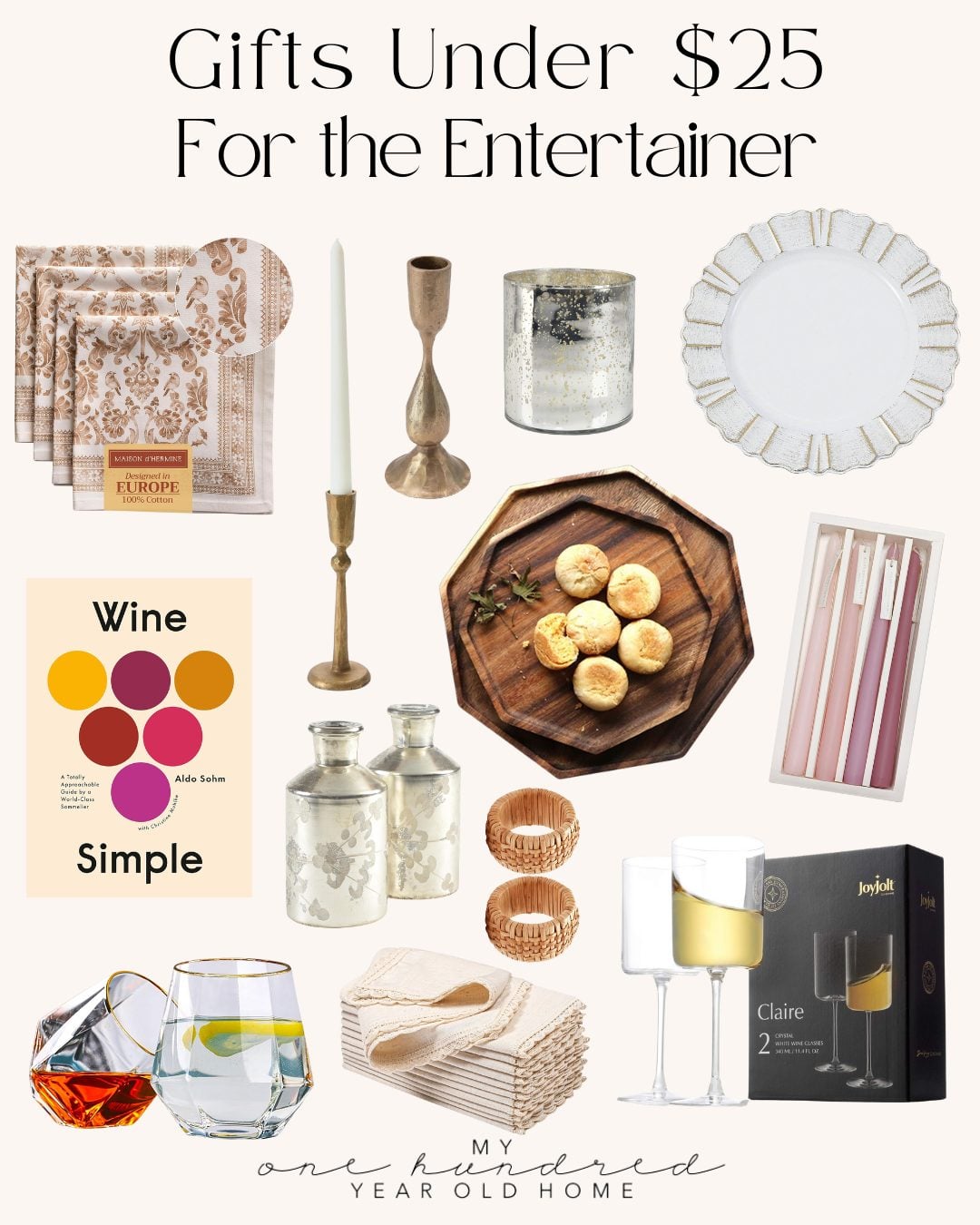 Collage of various gift items for entertainers under $25, featuring kitchen accessories, glassware, and decorative items&mdash;perfectly paired with a homemade peanut butter fudge recipe to sweeten any occasion.