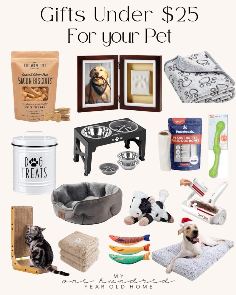 Collage of pet gifts under $25 for the season of giving, featuring dog treats, a feeding station, cozy blanket, fun toys, a cat scratcher, and a comfy pet bed.