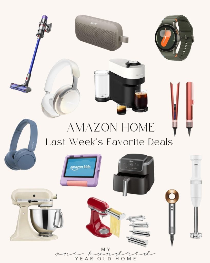 Collage of Amazon Home deals featuring electronics like a vacuum, headphones, smart watch, speakers, kitchen appliances, and personal care items.