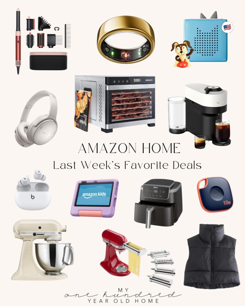 Collage of various Amazon products, including headphones, air fryer, mixer, smart speaker, coffee maker, and more, with the text "Amazon Home Last Week's Favorite Deals.