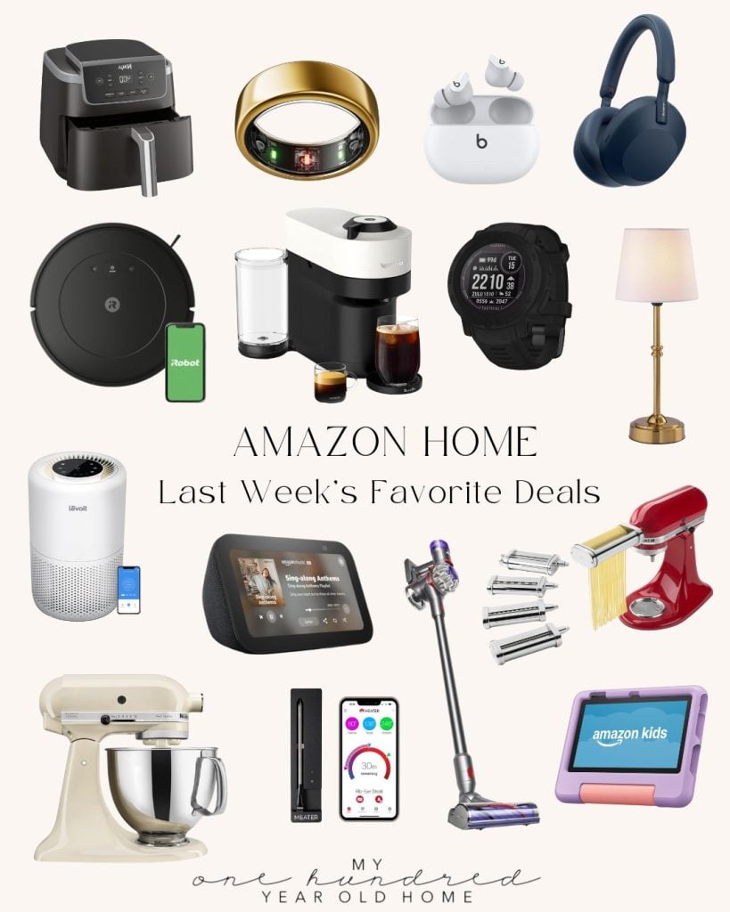 Collage of various Amazon products: air fryer, smart home devices, kitchen appliances, headphones, and more, labeled "Amazon Home Last Week's Favorite Deals.