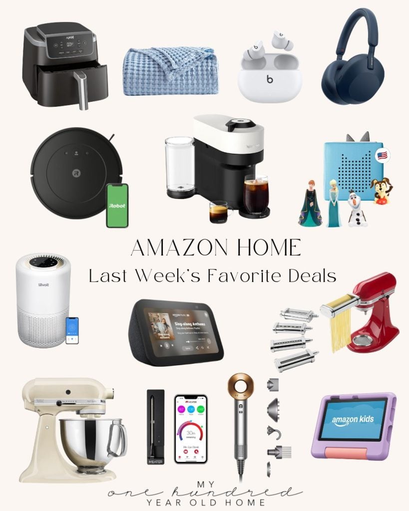 Collage of various Amazon home appliances and electronics, including a mixer, air fryer, headphones, and smart display, with text "AMAZON HOME Last Week’s Favorite Deals.