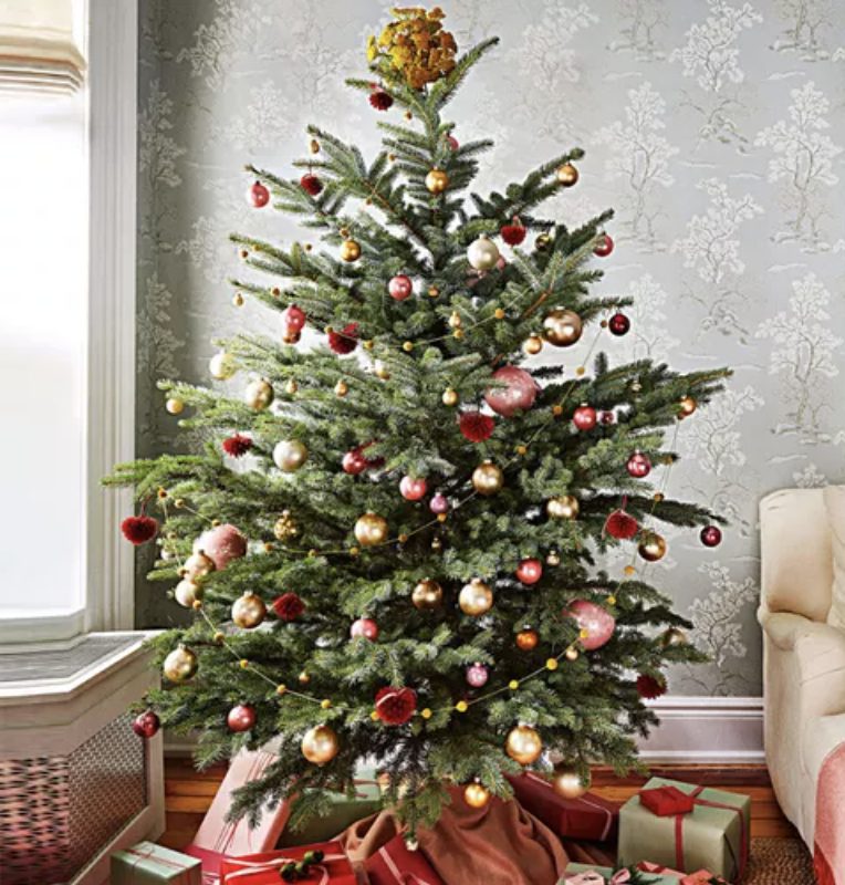 A decorated Christmas tree stands in a living room with ornaments and lights. Wrapped gifts are placed underneath, and the tree is topped with a golden decoration.