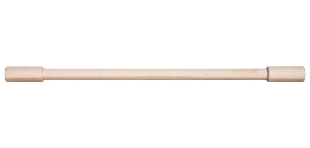 A wooden dowel rod with two thicker cylindrical ends, laying horizontally on a white background.