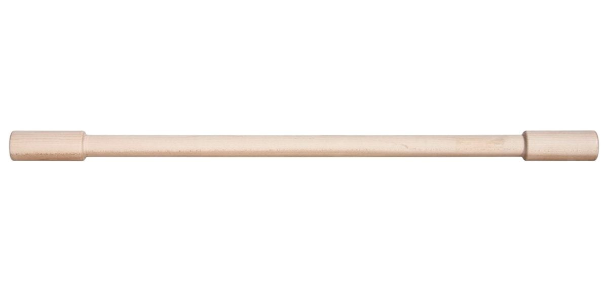 A wooden dowel rod with two thicker cylindrical ends, laying horizontally on a white background.