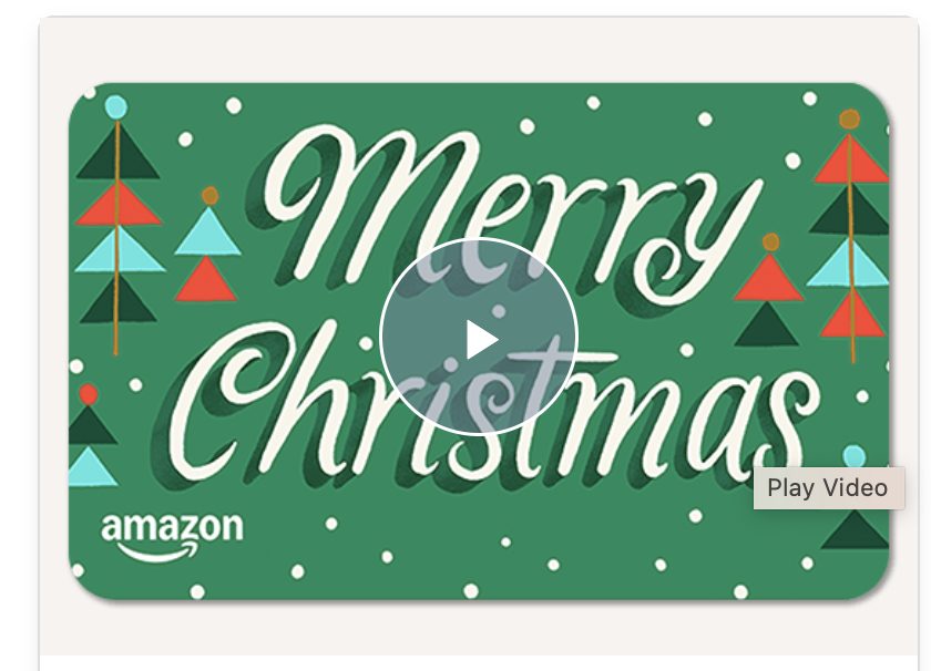 Green gift card with "Merry Christmas" text, decorated with trees and snowflakes. Amazon logo in the corner.