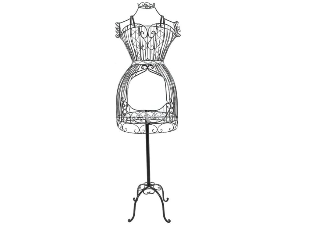 A decorative metal dress form mannequin with intricate scrollwork on a tripod stand, perfect for elegantly displaying Christmas cards.