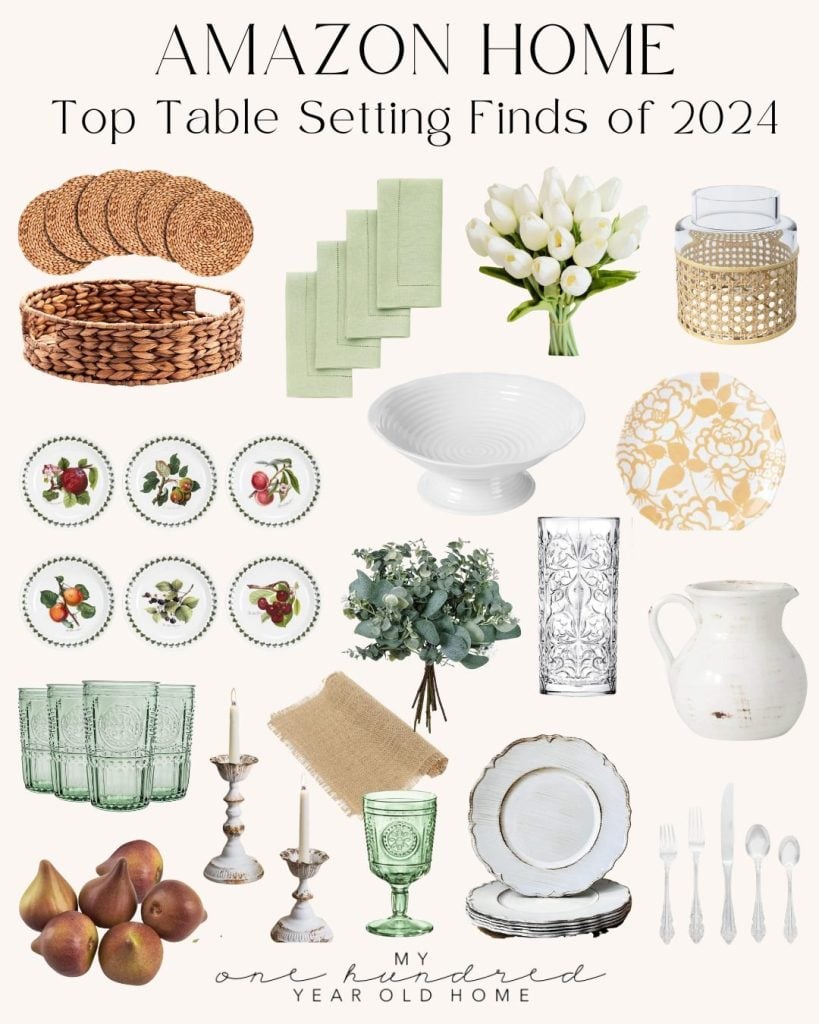 Collage of Amazon home table setting items, including dishware, glasses, cutlery, napkins, and decorative items like candles and flowers.