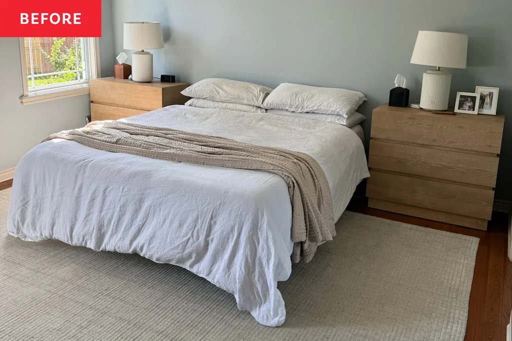 Minimalist bedroom with a neatly made bed, white bedding, two wooden nightstands with lamps, a window on the left, and a "Before" label in the corner.