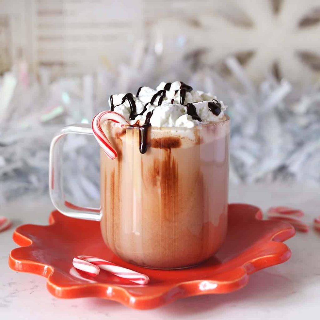 A mug of hot chocolate topped with whipped cream and chocolate drizzle, garnished with a candy cane, on a red, wavy-edged plate with candy canes alongside.