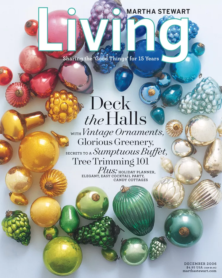 Magazine cover featuring colorful Christmas ornaments with text about holiday decorating and planning.