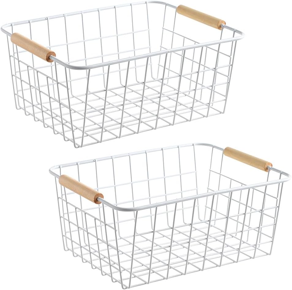 Two rectangular wire storage baskets with wooden handles, stacked one above the other, are perfect for organizing open kitchen shelving on a white background.