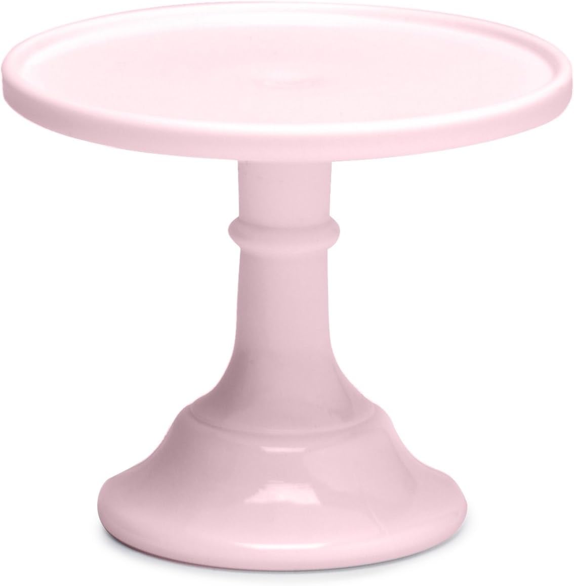 A plain, light pink ceramic cake stand with a wide, flat top and sturdy pedestal base&mdash;perfect for displaying your Valentine's cupcakes.