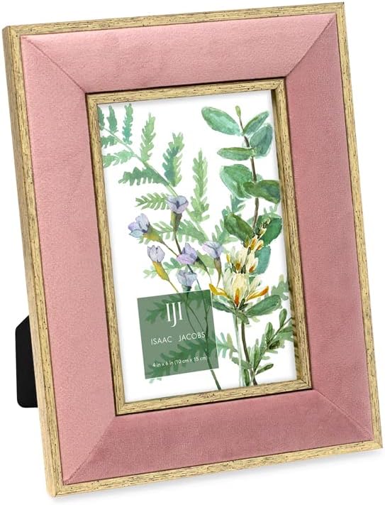 Pink velvet-bordered picture frame with a floral illustration inside. Frame stands on a black easel back.