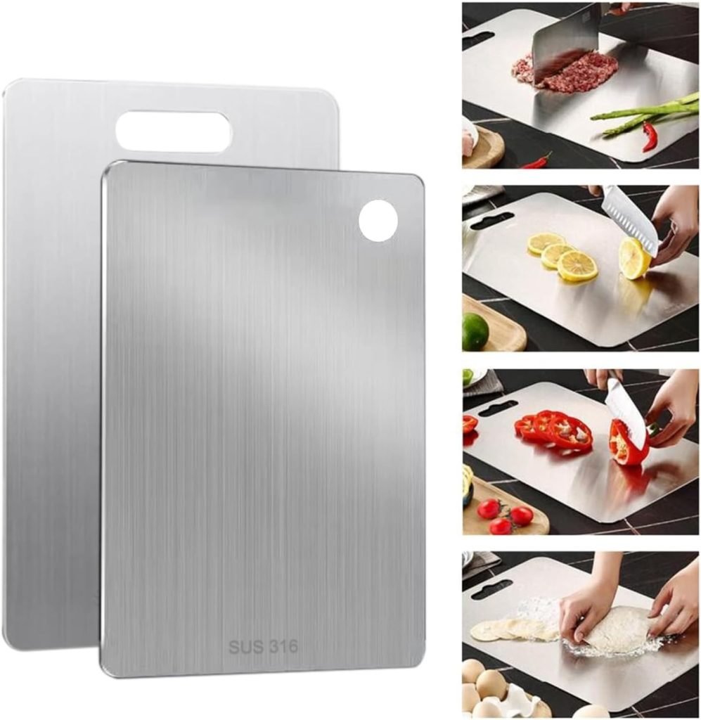 Two stainless steel cutting boards with handles are essential kitchen items. Side images showcase food preparation—chopping meat, slicing lemon, cutting bell peppers, and rolling dough—demonstrating their versatile utility in any culinary setting.