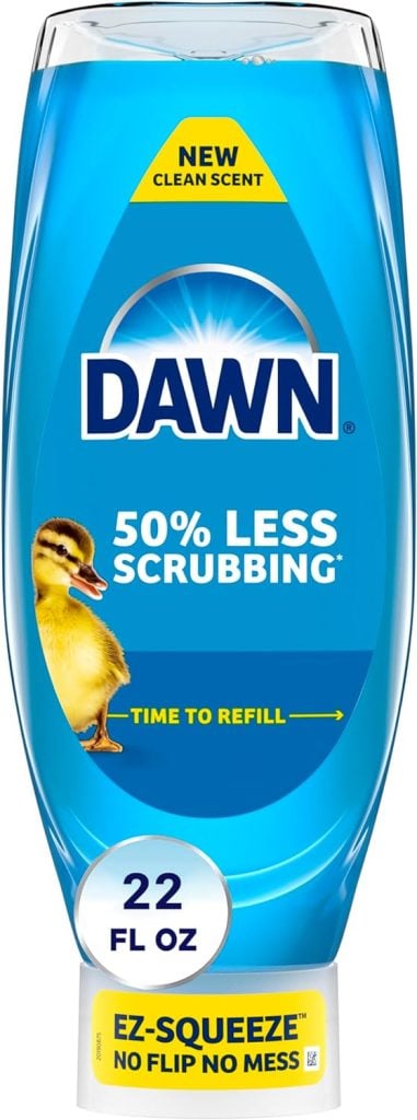 Blue bottle of Dawn dish soap, 22 fl oz, featuring a duckling image. Label reads "50% Less Scrubbing" and "EZ-Squeeze, No Flip No Mess.