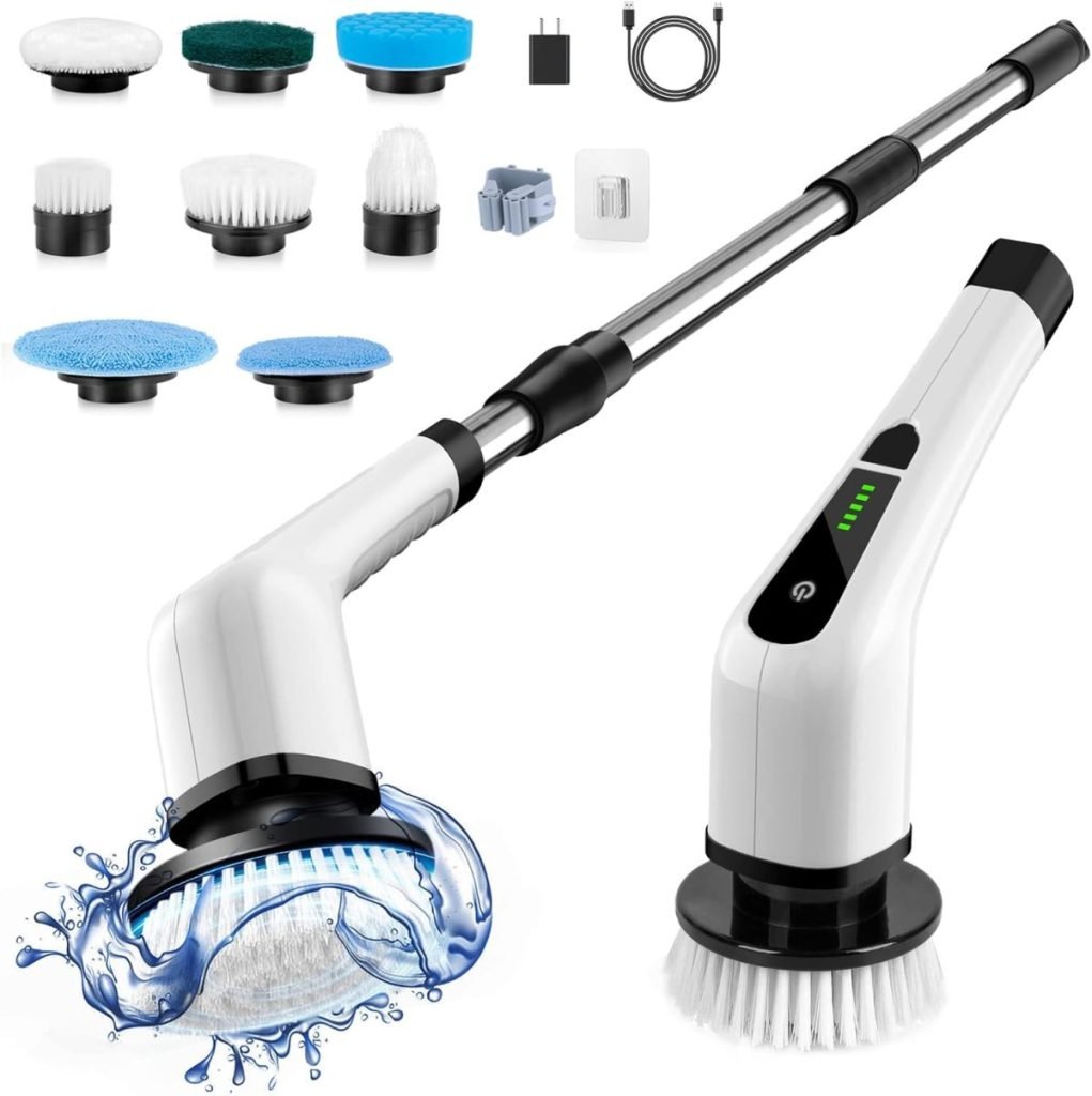 Electric cleaning brush set with multiple detachable heads, a long handle, charger, and splash effect.